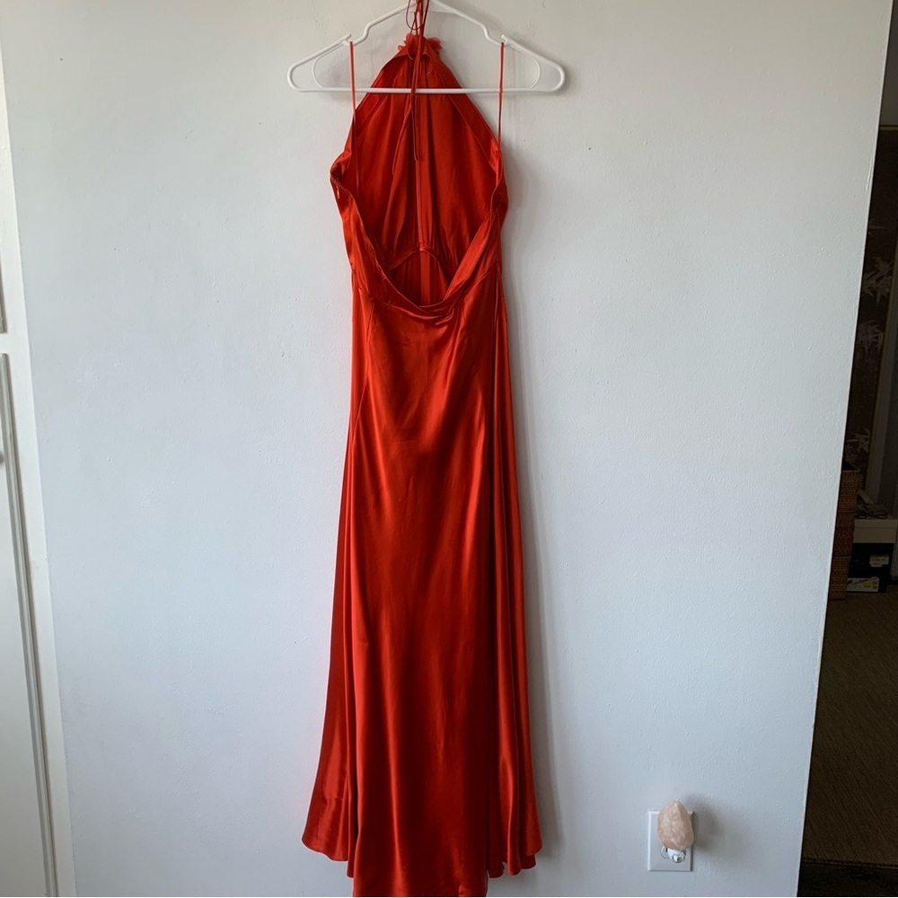 NWT Doen Lilaia Silk Rosette Rose Halter Maxi Dress Gown Fiery Coral Red - Picture 14 of 16